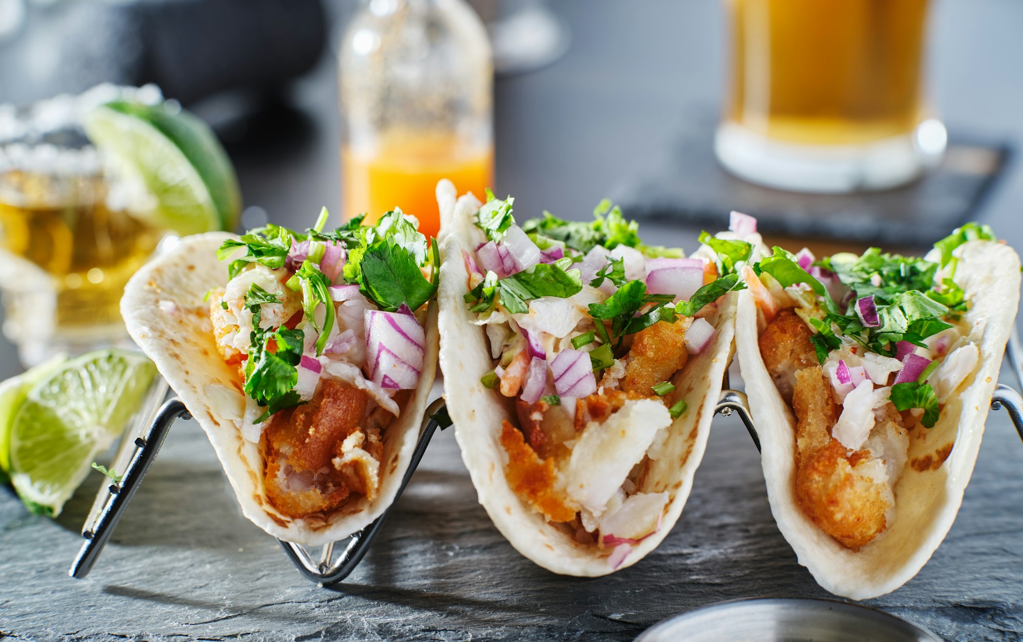 mexican fish tacos in metal tray