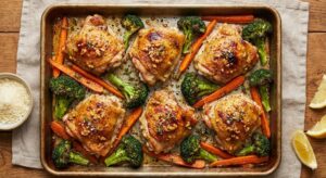 Read more about the article Crispy Garlic Chicken with Roasted Broccoli & Carrots